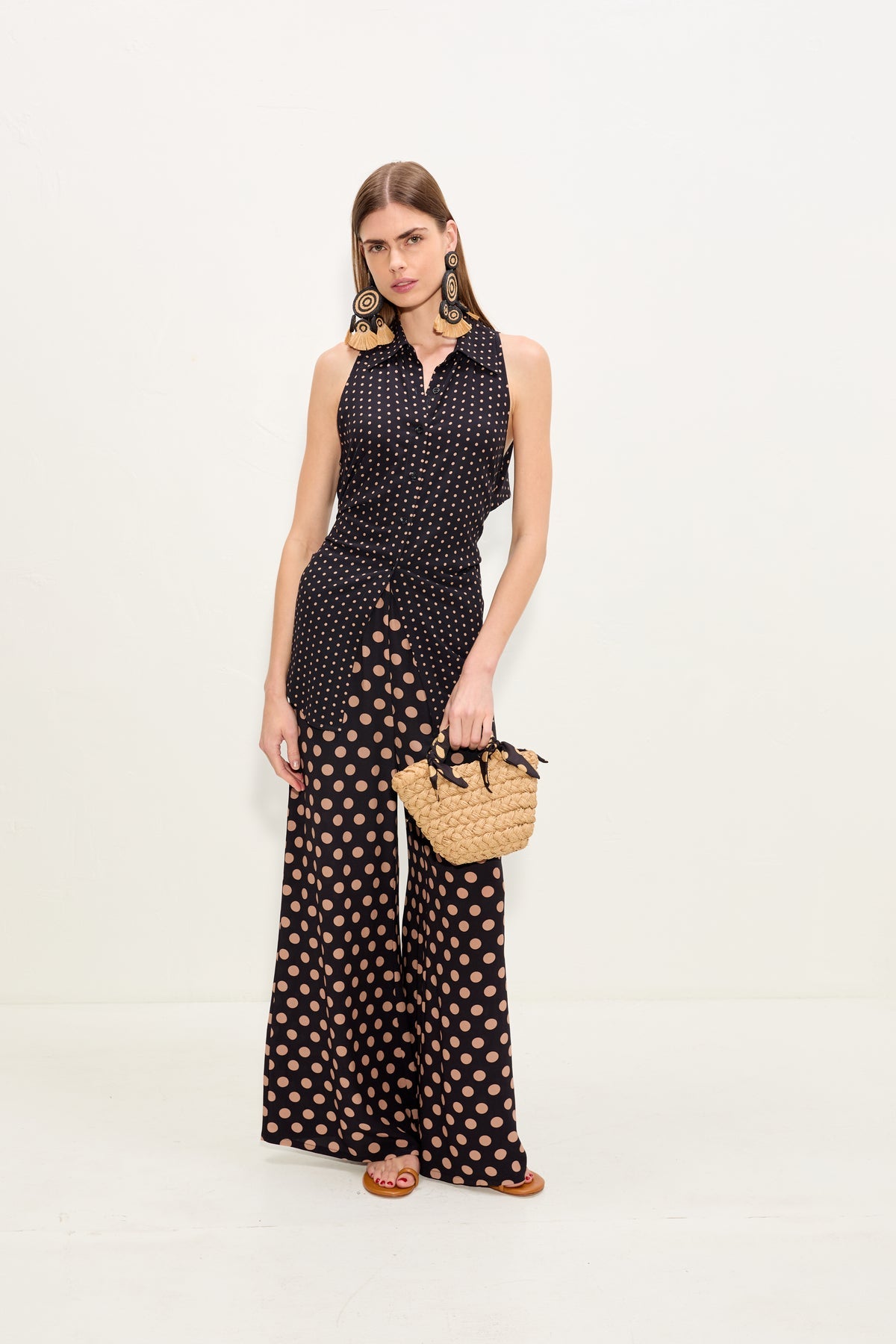 Loch Sleeveless Crepe Button Up | Simon Miller Black/Tan Polka Dot