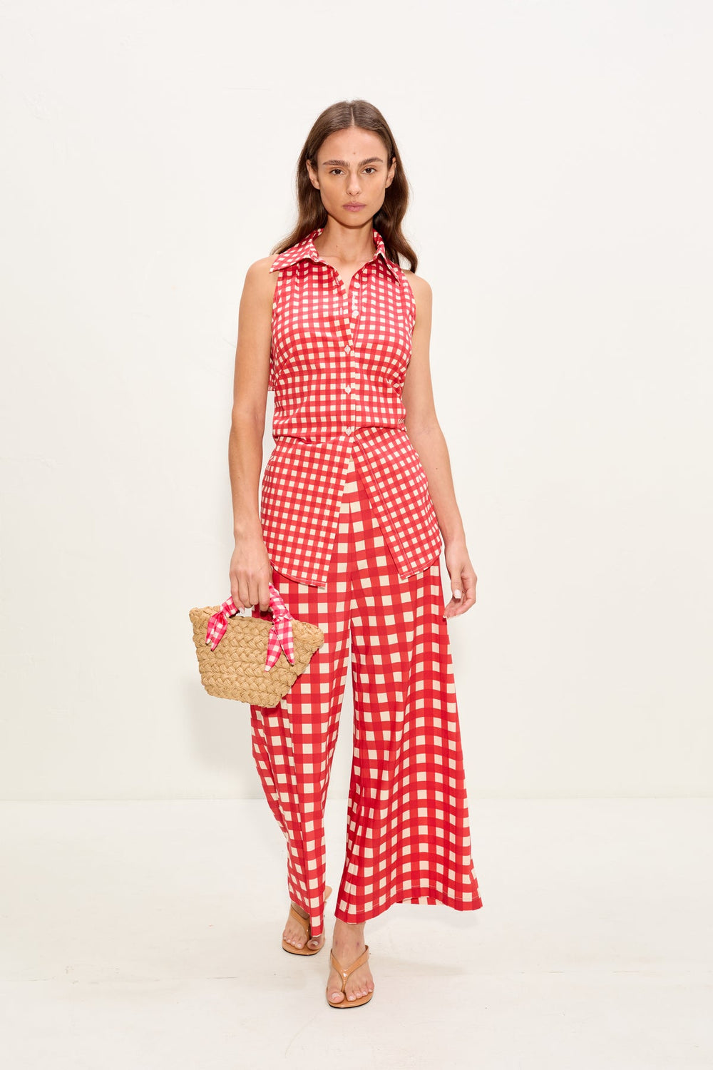 Loch Sleeveless Poplin Button Up | Simon Miller Tomato/White Gingham