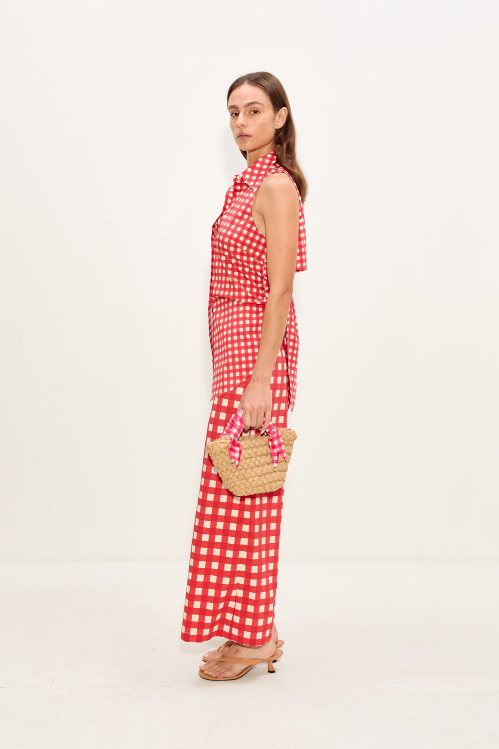 Loch Sleeveless Poplin Button Up | Simon Miller Tomato/White Gingham