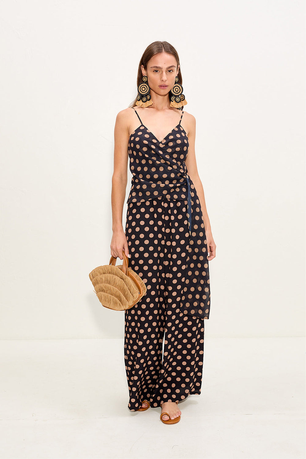 Marlowe Chiffon Tie Tank | Simon Miller Black/Tan Polka Dot