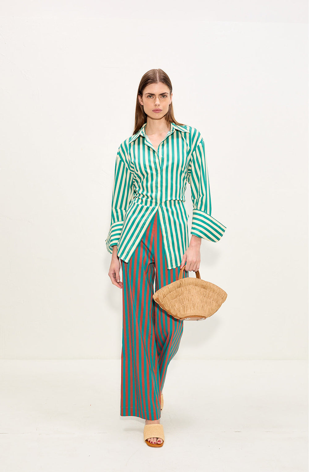 Loch Poplin Button Up | Simon Miller Teal/Cream Stripe